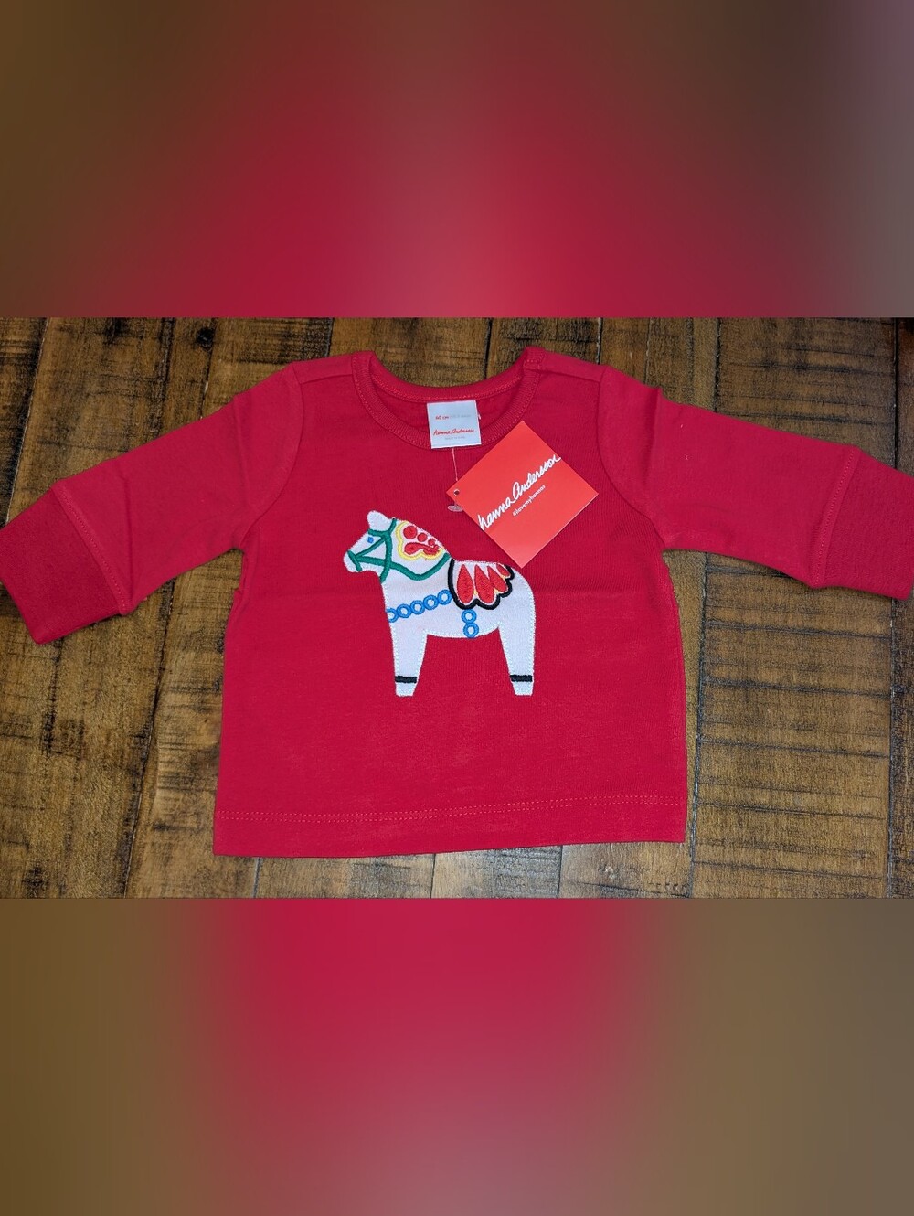 Hanna Andersson Red Long-Sleeve Tee with Embroidered Dala Horse, 60, New